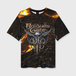 Женская футболка oversize 3D Baldurs Gate 3 logo gold and black