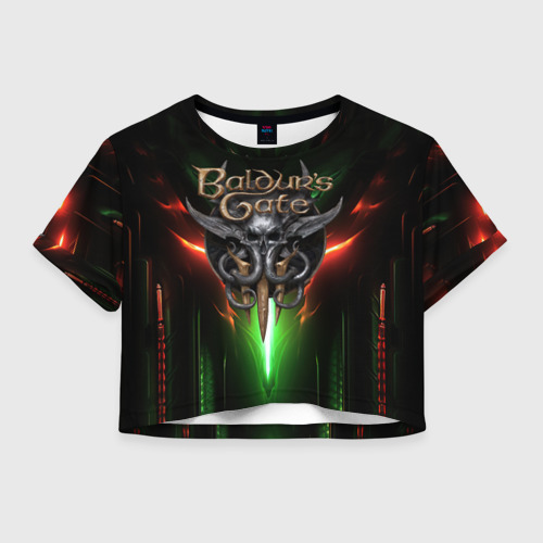 Женская футболка Crop-top 3D Baldurs Gate 3 logo green red light, цвет 3D печать