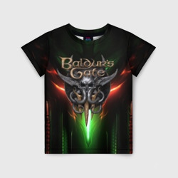 Детская футболка 3D Baldurs Gate 3 logo green red light