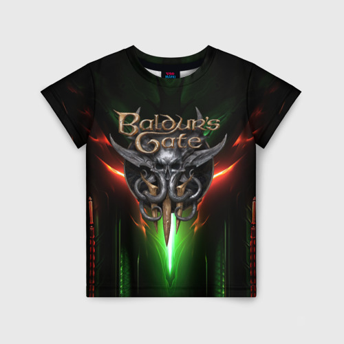 Детская футболка 3D с принтом Baldurs Gate 3 logo green red light, вид спереди #2