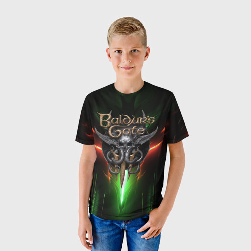 Детская футболка 3D с принтом Baldurs Gate 3 logo green red light, фото на моделе #1