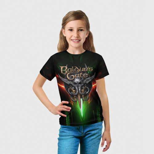 Детская футболка 3D с принтом Baldurs Gate 3 logo green red light, вид сбоку #3