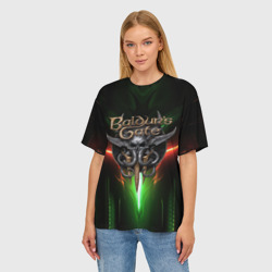 Женская футболка oversize 3D Baldurs Gate 3 logo green red light - фото 2