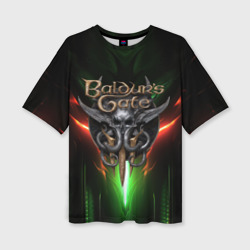 Женская футболка oversize 3D Baldurs Gate 3 logo green red light