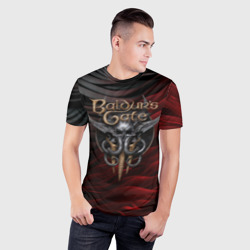 Мужская футболка 3D Slim Baldurs Gate 3 logo dark red black - фото 2