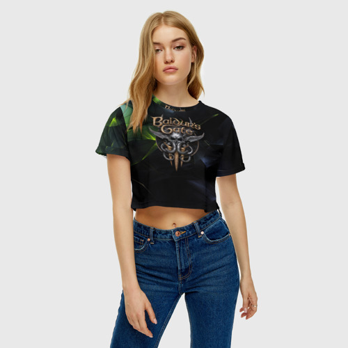 Женская футболка Crop-top 3D Baldurs Gate 3 logo dark  green, цвет 3D печать - фото 3