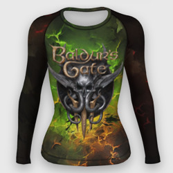 Женский рашгард 3D Baldurs Gate 3 logo dark  green fire