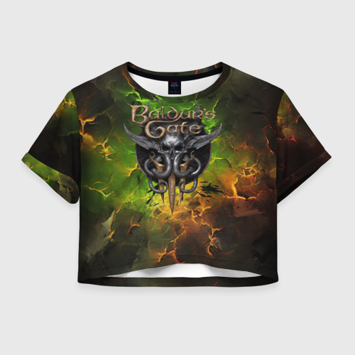 Женская футболка Crop-top 3D Baldurs Gate 3 logo dark  green fire, цвет 3D печать