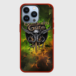 Чехол для iPhone 13 Pro Baldurs Gate 3 logo dark  green fire
