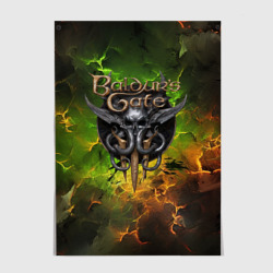 Постер Baldurs Gate 3 logo dark  green fire