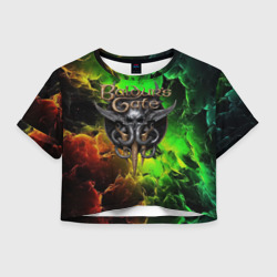 Женская футболка Crop-top 3D Baldurs Gate 3 logo dark red  green fire