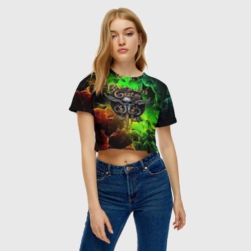 Женская футболка Crop-top 3D Baldurs Gate 3 logo dark red  green fire, цвет 3D печать - фото 3