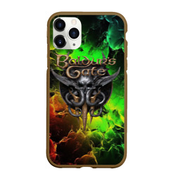 Чехол для iPhone 11 Pro Max матовый Baldurs Gate 3 logo dark red  green fire