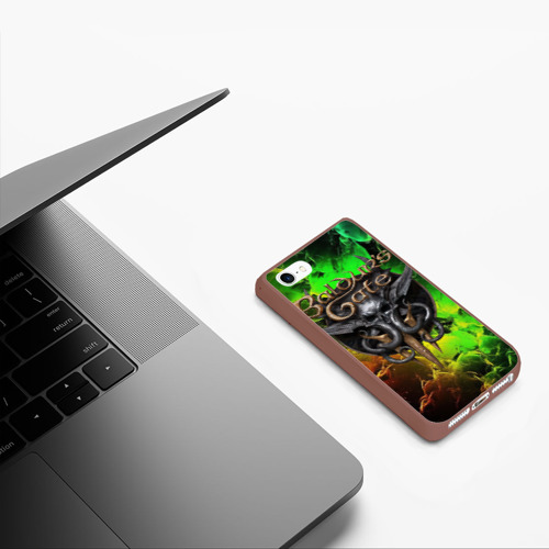 Чехол для iPhone 5/5S матовый Baldurs Gate 3 logo dark red  green fire, цвет коричневый - фото 5