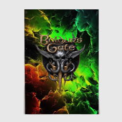 Постер Baldurs Gate 3 logo dark red  green fire