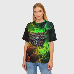 Женская футболка oversize 3D Baldurs Gate 3 logo dark red  green fire - фото 2