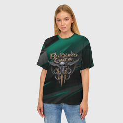 Женская футболка oversize 3D Baldurs Gate 3 logo green geometry  - фото 2