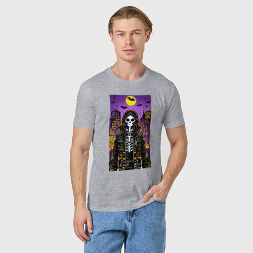Мужская футболка хлопок Хэллоуин в мегаполисе - модный скелет, цвет меланж - фото 3