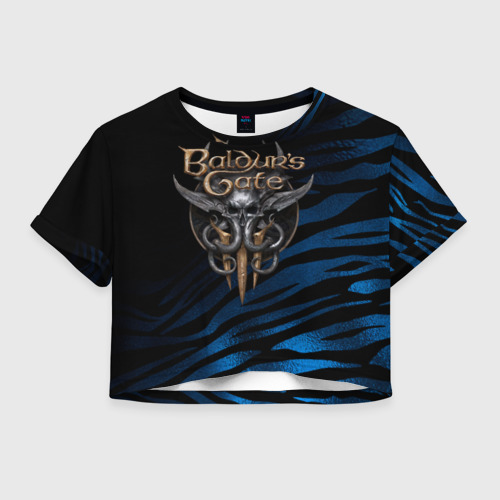 Женская футболка Crop-top 3D Baldurs Gate 3 logo blue geometry , цвет 3D печать