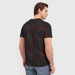 Футболка с принтом Baldurs Gate 3 logo red black geometry для мужчины, вид на модели сзади №2. Цвет основы: белый