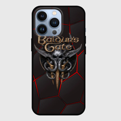 Чехол для iPhone 13 Pro Baldurs Gate 3 logo red black geometry 