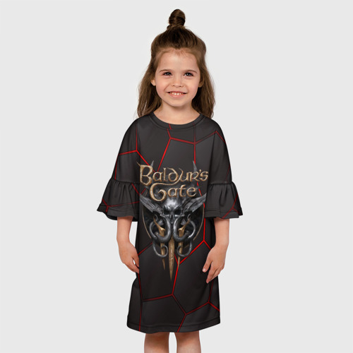 Детское платье 3D с принтом Baldurs Gate 3 logo red black geometry, вид сбоку #3