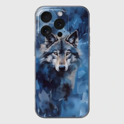 Чехол для iPhone 16 Pro Max силиконовый с защитой камеры Голова волка на ледяном фоне
