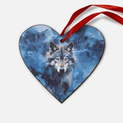 Деревянная игрушка Сердце Голова волка на ледяном фоне