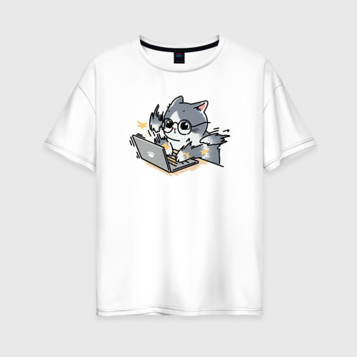 Женская футболка хлопок Oversize Котик - программист, цвет белый
