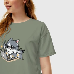 Женская футболка хлопок Oversize Котик - программист - фото 2