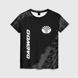 Женская футболка 3D Daewoo Speed на темном фоне со следами шин: надпись, символ
