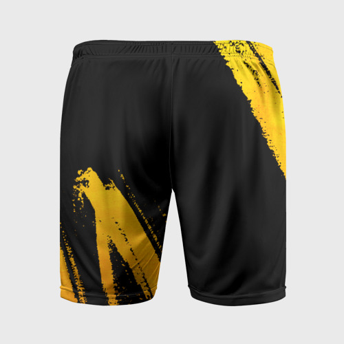 Мужские шорты спортивные с принтом Megadeth - gold gradient: надпись, символ, вид сзади #1