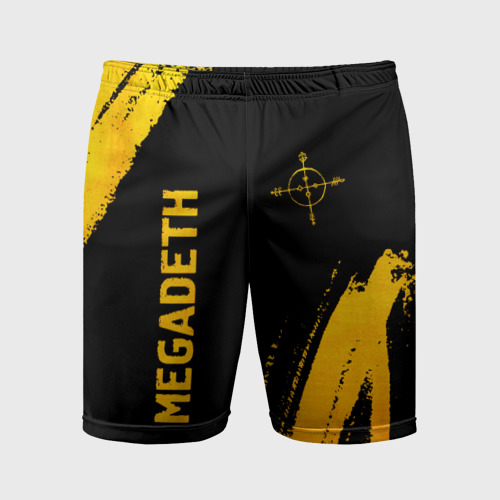 Мужские шорты спортивные с принтом Megadeth - gold gradient: надпись, символ, вид спереди #2