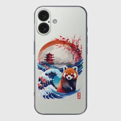 Чехол для iPhone 16 силиконовый с защитой камеры Красная панда на охоте