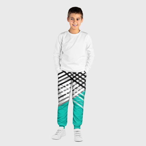 Детские брюки 3D Черно-белые переплетенные полосы на бирюзовом фоне, цвет 3D печать - фото 4