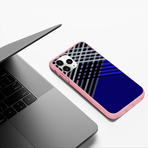 Чехол для iPhone 11 Pro Max матовый с принтом Белые и серые полосы на синем фоне, фото #5