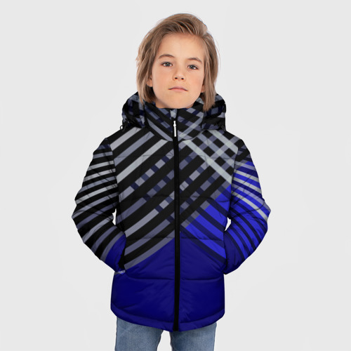 Зимняя куртка для мальчиков 3D Белые и серые полосы на синем фоне, цвет красный - фото 3