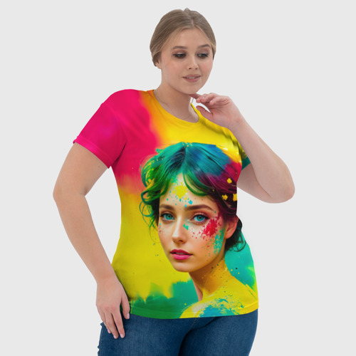 Женская футболка 3D Девушка с зелёными глазами в брызгах краски, цвет 3D печать - фото 6