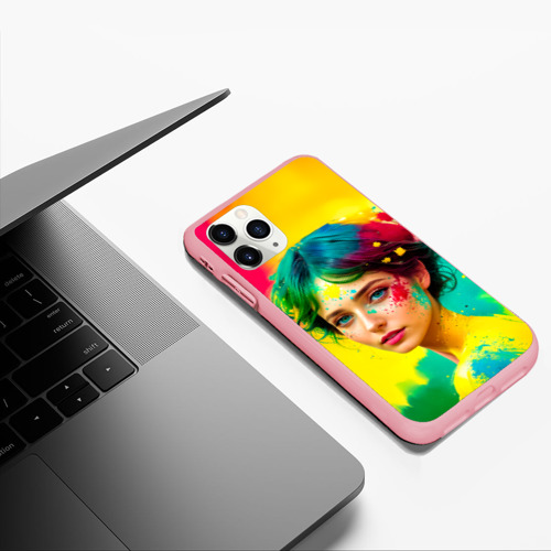 Чехол для iPhone 11 Pro Max матовый Девушка с зелёными глазами в брызгах краски, цвет баблгам - фото 5