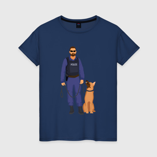 Женская футболка хлопок Полицейский с собакой, цвет темно-синий