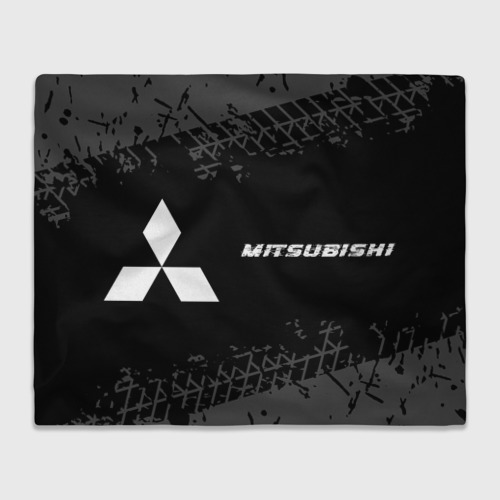 Плед с принтом Mitsubishi Speed на темном фоне со следами шин: надпись и символ, вид спереди №1