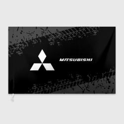 Флаг 3D Mitsubishi Speed на темном фоне со следами шин: надпись и символ