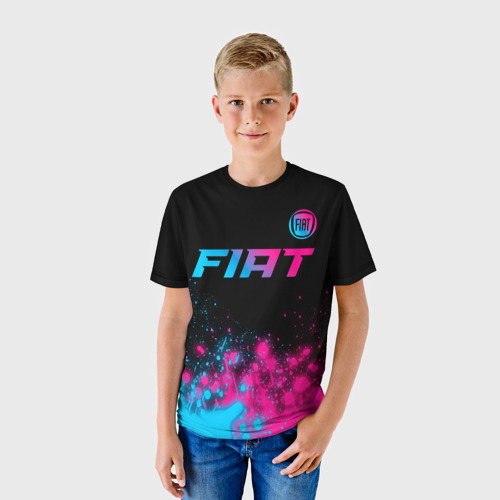 Детская футболка 3D Fiat - neon gradient: символ сверху, цвет 3D печать - фото 3