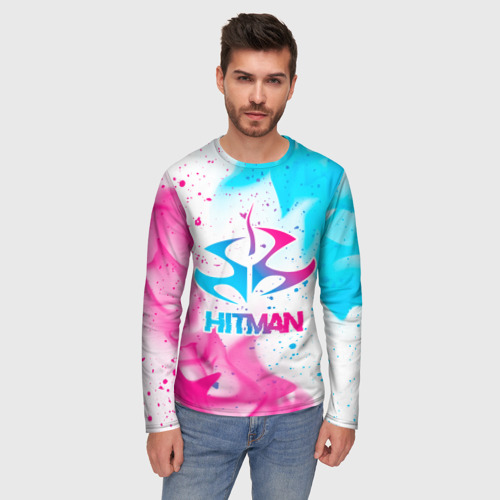 Мужской лонгслив 3D Hitman neon gradient style, цвет 3D печать - фото 3