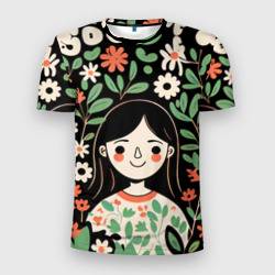 Мужская футболка 3D Slim Девочка в цветах - Бохо