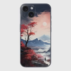 Чехол для iPhone 15 силиконовый с защитой камеры Луна над горами