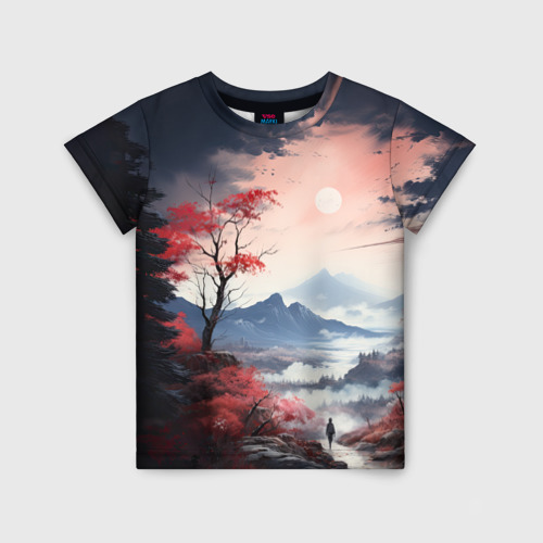 Детская футболка 3D с принтом Луна над горами, вид спереди #2