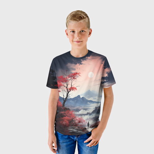 Детская футболка 3D с принтом Луна над горами, фото на моделе #1