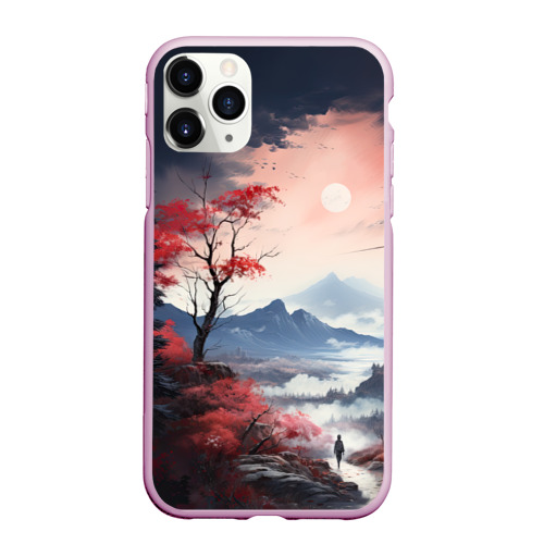 Чехол для iPhone 11 Pro Max матовый Луна над горами, цвет розовый