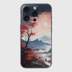 Чехол для iPhone 15 Pro силиконовый с защитой камеры Луна над горами